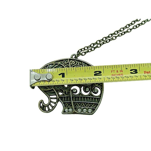 Elephant Pendant Necklace with Rhinestone Crystals Brass Filigree 15" Vintage - Picture 3 of 10